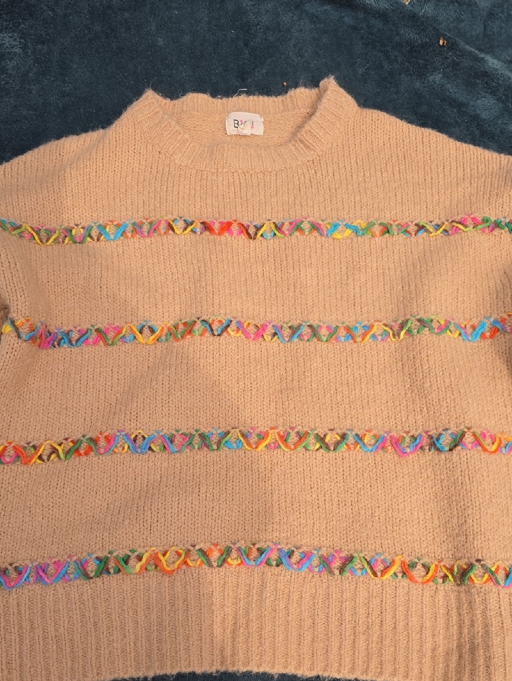 Bibi Beige Multicolor-Trim Crewneck Sweater - Women - Picture 2 of 4